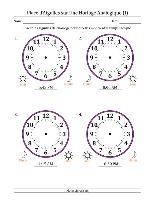 Place d'Aiguiles sur Une Horloge Analogique utilisant le système horaire sur 12 heures avec 15 Minutes d'Intervalle (4 Horloges) (I)