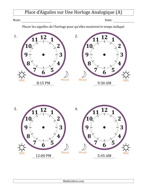 Place d'Aiguiles sur Une Horloge Analogique utilisant le système horaire sur 12 heures avec 15 Minutes d'Intervalle (4 Horloges) (Tout)