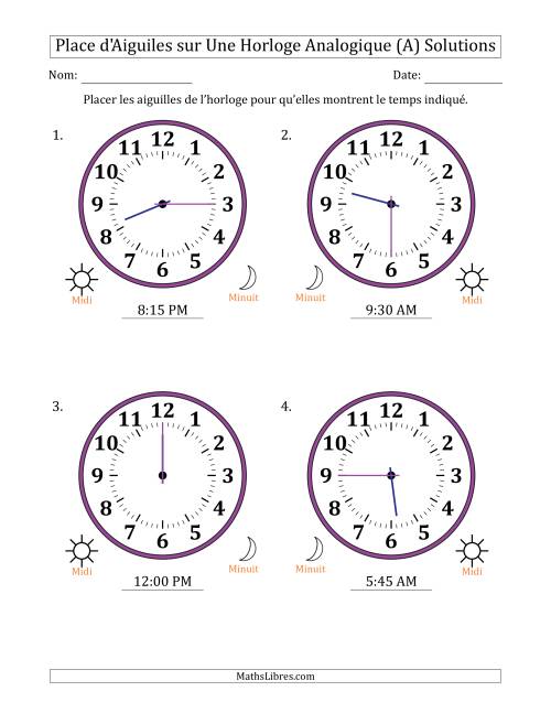 Place d'Aiguiles sur Une Horloge Analogique utilisant le système horaire sur 12 heures avec 15 Minutes d'Intervalle (4 Horloges) (Tout) page 2