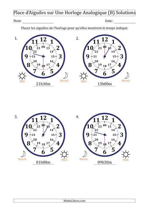 Place d'Aiguiles sur Une Horloge Analogique utilisant le système horaire sur 24 heures avec 30 Minutes d'Intervalle (4 Horloges) (B) page 2