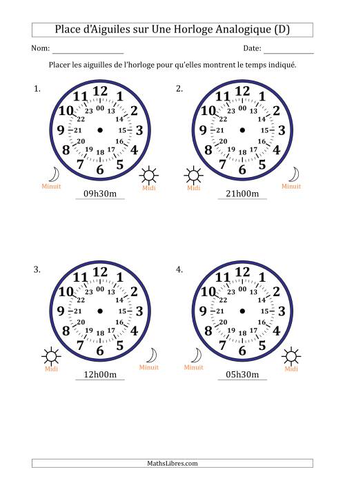 Place d'Aiguiles sur Une Horloge Analogique utilisant le système horaire sur 24 heures avec 30 Minutes d'Intervalle (4 Horloges) (D)