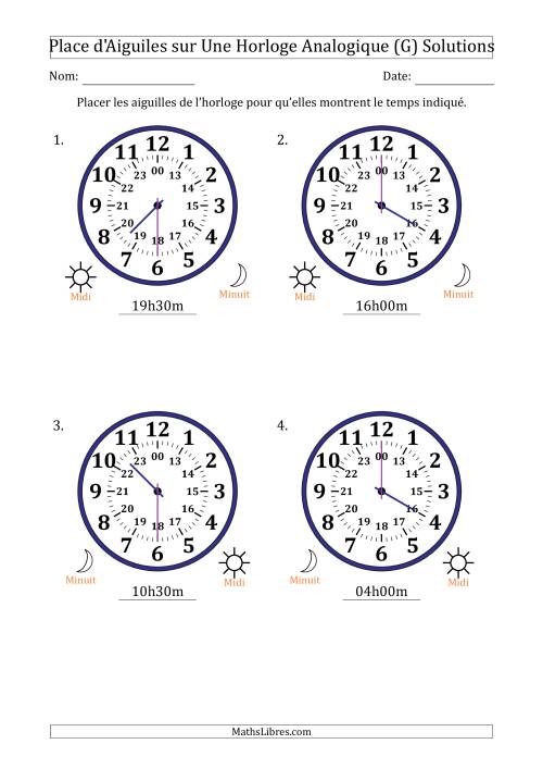 Place d'Aiguiles sur Une Horloge Analogique utilisant le système horaire sur 24 heures avec 30 Minutes d'Intervalle (4 Horloges) (G) page 2