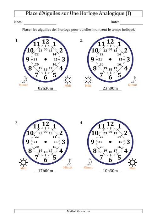 Place d'Aiguiles sur Une Horloge Analogique utilisant le système horaire sur 24 heures avec 30 Minutes d'Intervalle (4 Horloges) (I)