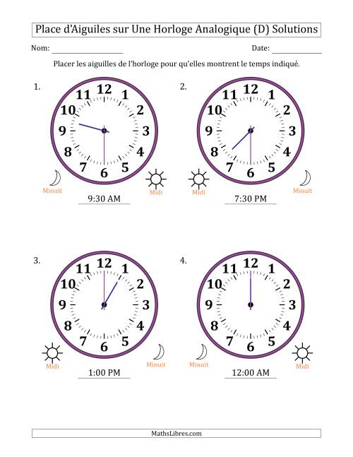 Place d'Aiguiles sur Une Horloge Analogique utilisant le système horaire sur 12 heures avec 30 Minutes d'Intervalle (4 Horloges) (D) page 2