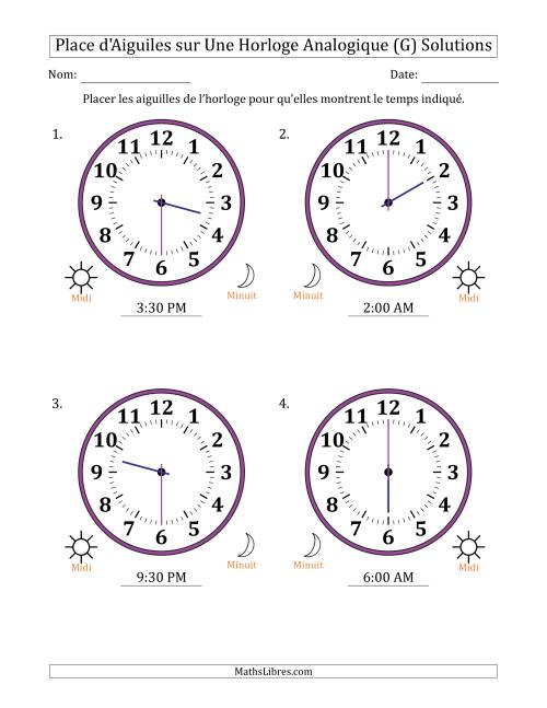 Place d'Aiguiles sur Une Horloge Analogique utilisant le système horaire sur 12 heures avec 30 Minutes d'Intervalle (4 Horloges) (G) page 2