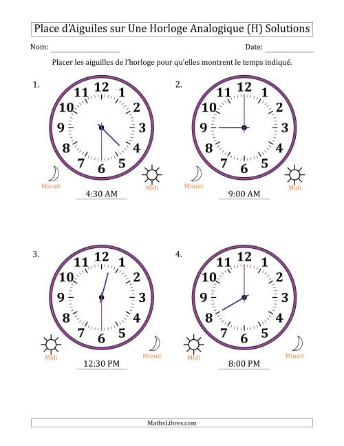 Place d'Aiguiles sur Une Horloge Analogique utilisant le système horaire sur 12 heures avec 30 Minutes d'Intervalle (4 Horloges) (H) page 2