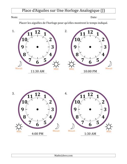 Place d'Aiguiles sur Une Horloge Analogique utilisant le système horaire sur 12 heures avec 30 Minutes d'Intervalle (4 Horloges) (J)