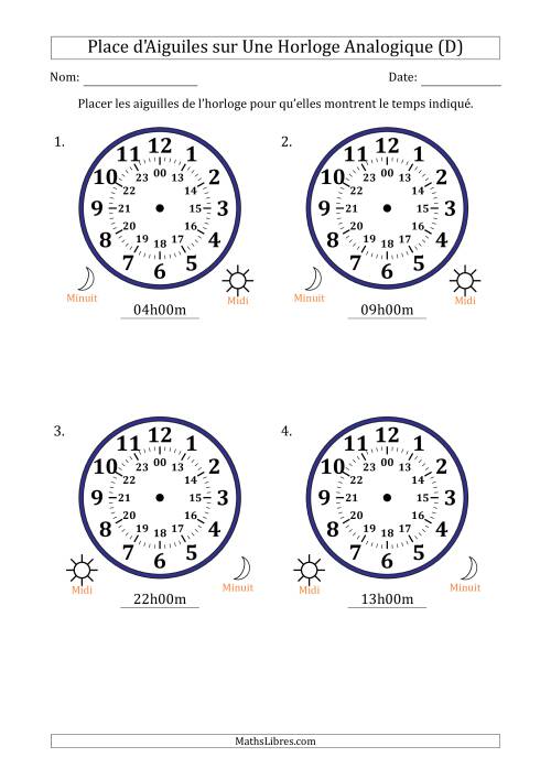 Place d'Aiguiles sur Une Horloge Analogique utilisant le système horaire sur 24 heures avec 1 Heures d'Intervalle (4 Horloges) (D)