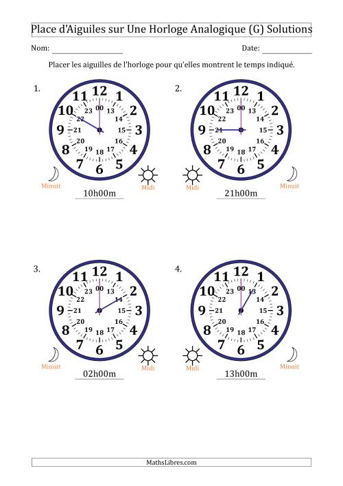 Place d'Aiguiles sur Une Horloge Analogique utilisant le système horaire sur 24 heures avec 1 Heures d'Intervalle (4 Horloges) (G) page 2