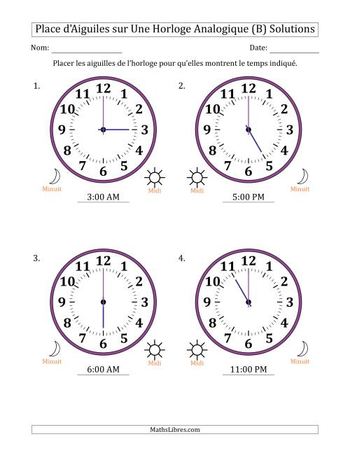 Place d'Aiguiles sur Une Horloge Analogique utilisant le système horaire sur 12 heures avec 1 Heures d'Intervalle (4 Horloges) (B) page 2