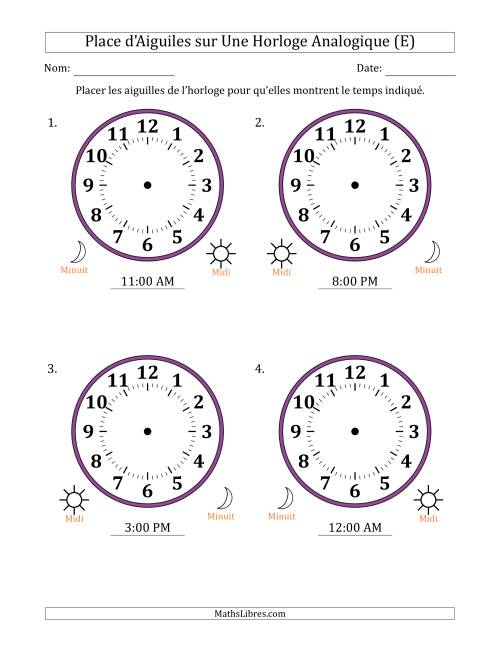 Place d'Aiguiles sur Une Horloge Analogique utilisant le système horaire sur 12 heures avec 1 Heures d'Intervalle (4 Horloges) (E)