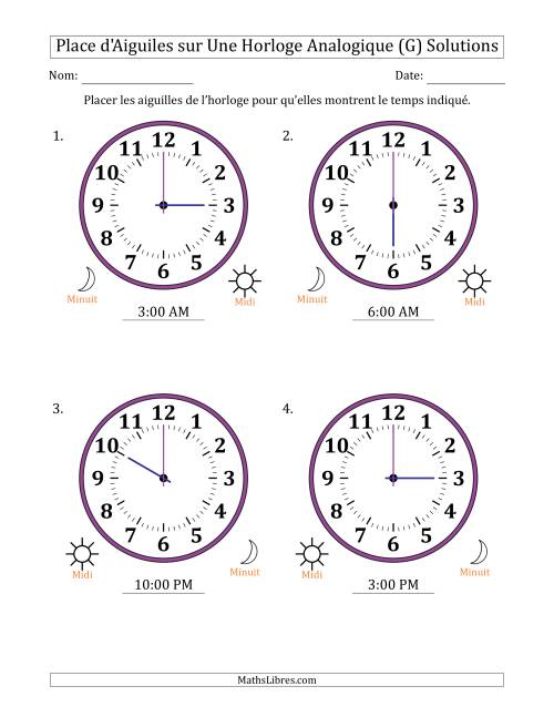 Place d'Aiguiles sur Une Horloge Analogique utilisant le système horaire sur 12 heures avec 1 Heures d'Intervalle (4 Horloges) (G) page 2