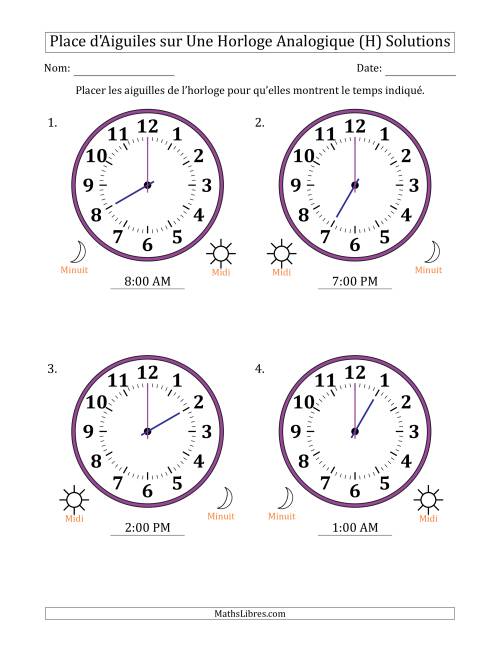 Place d'Aiguiles sur Une Horloge Analogique utilisant le système horaire sur 12 heures avec 1 Heures d'Intervalle (4 Horloges) (H) page 2