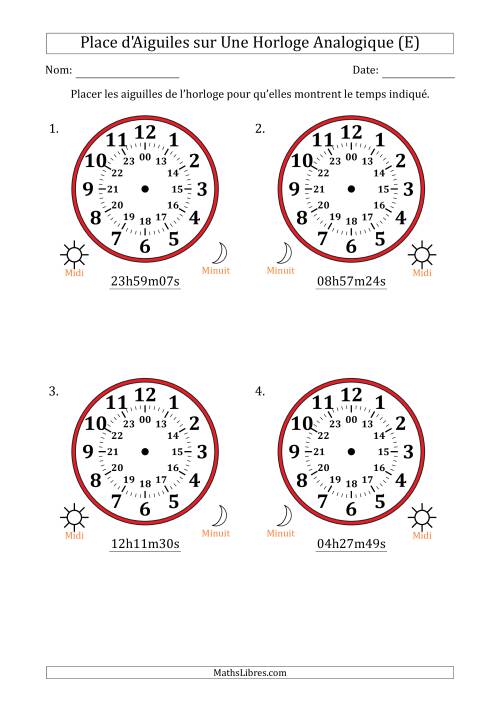 Place d'Aiguiles sur Une Horloge Analogique utilisant le système horaire sur 24 heures avec 1 Secondes d'Intervalle (4 Horloges) (E)