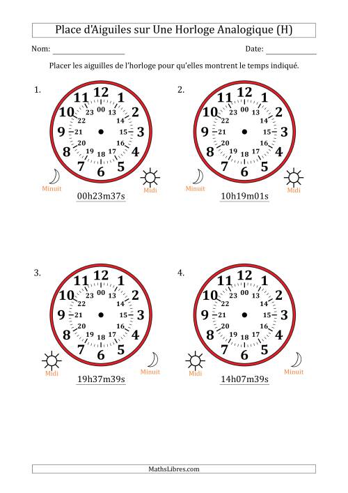 Place d'Aiguiles sur Une Horloge Analogique utilisant le système horaire sur 24 heures avec 1 Secondes d'Intervalle (4 Horloges) (H)