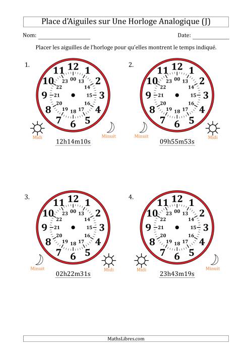 Place d'Aiguiles sur Une Horloge Analogique utilisant le système horaire sur 24 heures avec 1 Secondes d'Intervalle (4 Horloges) (J)