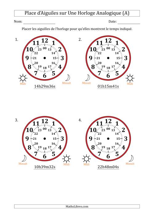 Place d'Aiguiles sur Une Horloge Analogique utilisant le système horaire sur 24 heures avec 1 Secondes d'Intervalle (4 Horloges) (Tout)