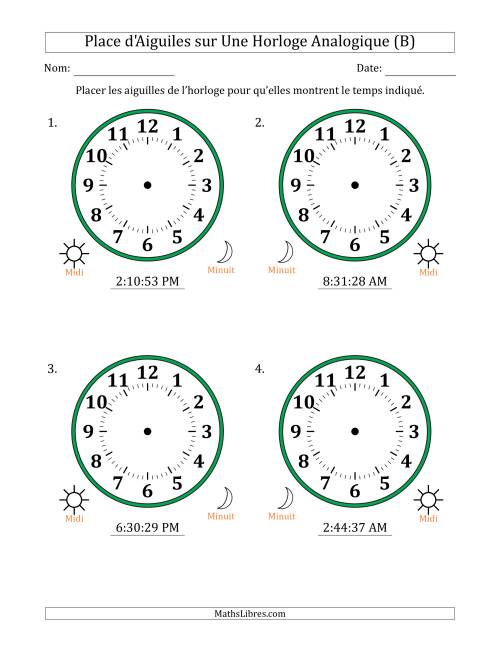 Place d'Aiguiles sur Une Horloge Analogique utilisant le système horaire sur 12 heures avec 1 Secondes d'Intervalle (4 Horloges) (B)