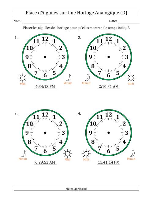 Place d'Aiguiles sur Une Horloge Analogique utilisant le système horaire sur 12 heures avec 1 Secondes d'Intervalle (4 Horloges) (D)