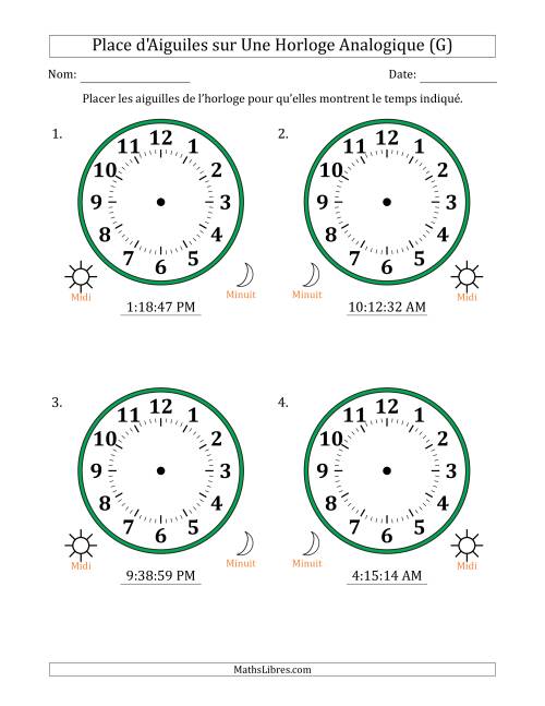 Place d'Aiguiles sur Une Horloge Analogique utilisant le système horaire sur 12 heures avec 1 Secondes d'Intervalle (4 Horloges) (G)