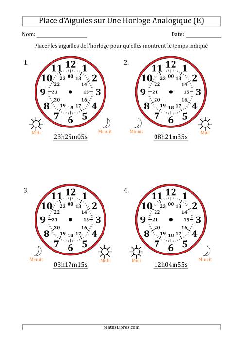 Place d'Aiguiles sur Une Horloge Analogique utilisant le système horaire sur 24 heures avec 5 Secondes d'Intervalle (4 Horloges) (E)