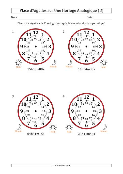Place d'Aiguiles sur Une Horloge Analogique utilisant le système horaire sur 24 heures avec 15 Secondes d'Intervalle (4 Horloges) (B)
