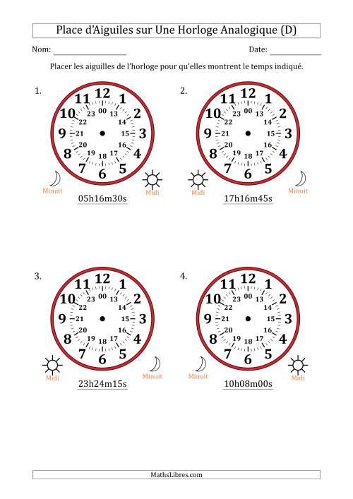 Place d'Aiguiles sur Une Horloge Analogique utilisant le système horaire sur 24 heures avec 15 Secondes d'Intervalle (4 Horloges) (D)