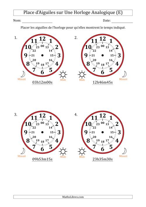 Place d'Aiguiles sur Une Horloge Analogique utilisant le système horaire sur 24 heures avec 15 Secondes d'Intervalle (4 Horloges) (E)