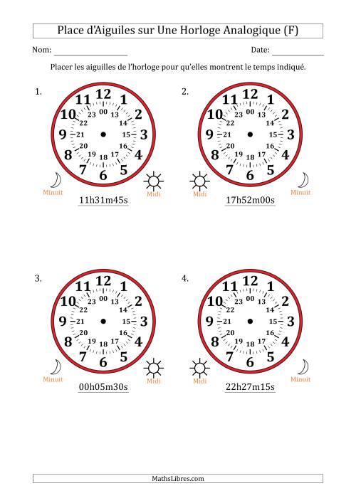 Place d'Aiguiles sur Une Horloge Analogique utilisant le système horaire sur 24 heures avec 15 Secondes d'Intervalle (4 Horloges) (F)
