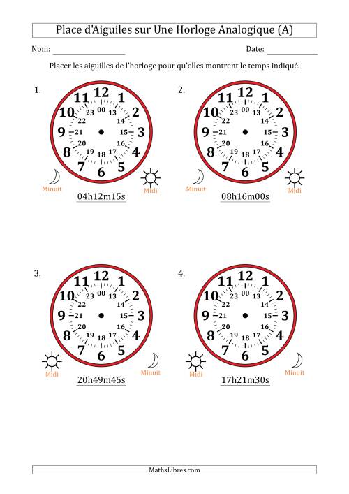 Place d'Aiguiles sur Une Horloge Analogique utilisant le système horaire sur 24 heures avec 15 Secondes d'Intervalle (4 Horloges) (Tout)