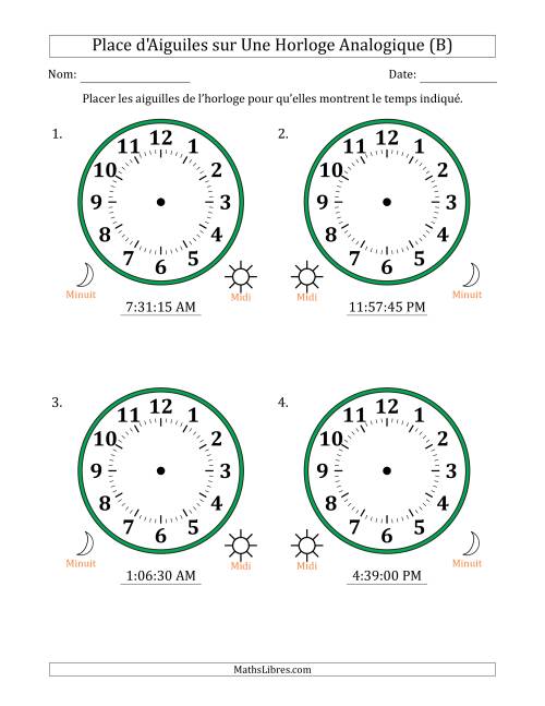 Place d'Aiguiles sur Une Horloge Analogique utilisant le système horaire sur 12 heures avec 15 Secondes d'Intervalle (4 Horloges) (B)
