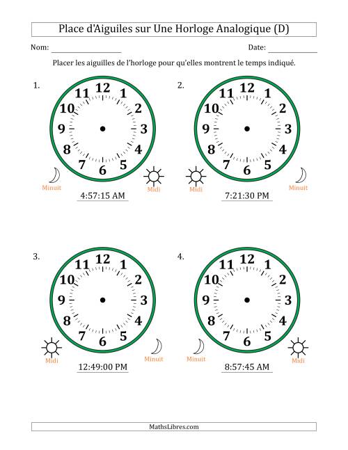 Place d'Aiguiles sur Une Horloge Analogique utilisant le système horaire sur 12 heures avec 15 Secondes d'Intervalle (4 Horloges) (D)