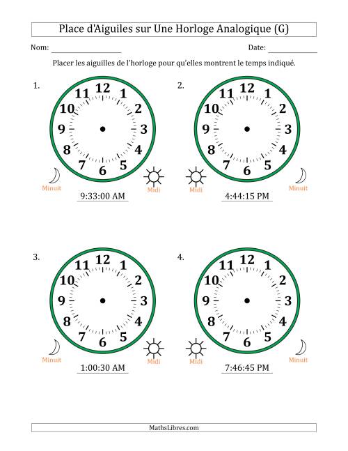 Place d'Aiguiles sur Une Horloge Analogique utilisant le système horaire sur 12 heures avec 15 Secondes d'Intervalle (4 Horloges) (G)