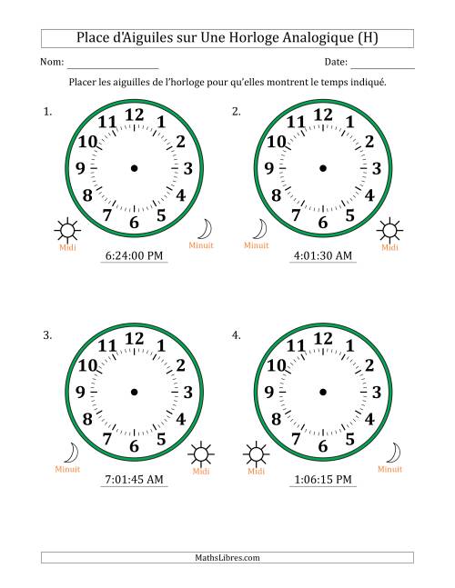 Place d'Aiguiles sur Une Horloge Analogique utilisant le système horaire sur 12 heures avec 15 Secondes d'Intervalle (4 Horloges) (H)