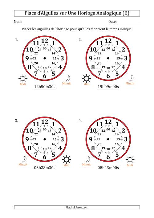 Place d'Aiguiles sur Une Horloge Analogique utilisant le système horaire sur 24 heures avec 30 Secondes d'Intervalle (4 Horloges) (B)