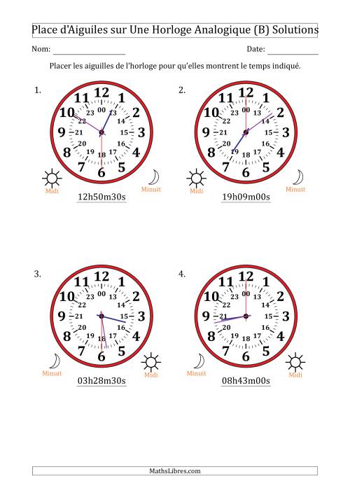 Place d'Aiguiles sur Une Horloge Analogique utilisant le système horaire sur 24 heures avec 30 Secondes d'Intervalle (4 Horloges) (B) page 2