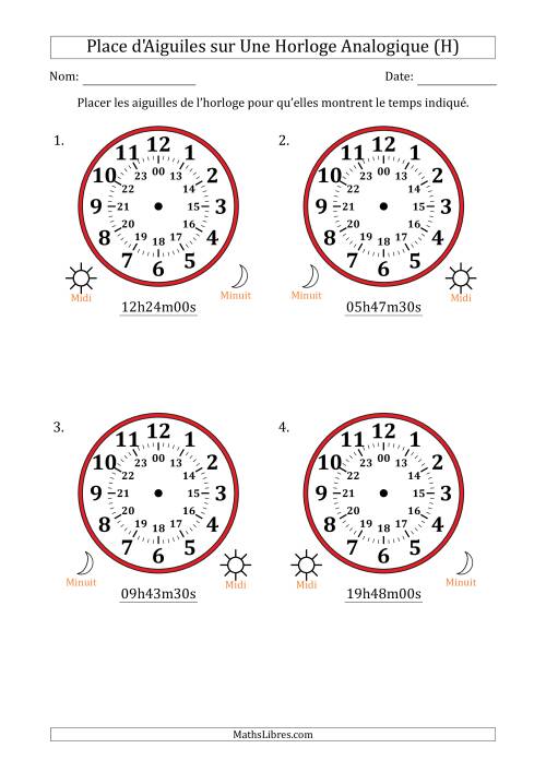 Place d'Aiguiles sur Une Horloge Analogique utilisant le système horaire sur 24 heures avec 30 Secondes d'Intervalle (4 Horloges) (H)