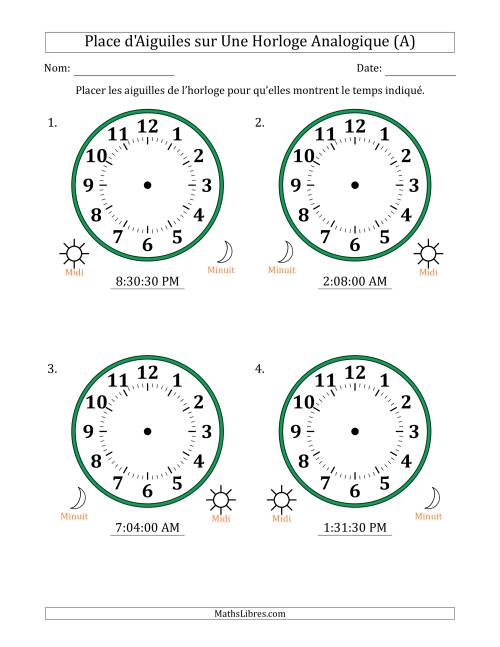 Place d'Aiguiles sur Une Horloge Analogique utilisant le système horaire sur 12 heures avec 30 Secondes d'Intervalle (4 Horloges) (A)
