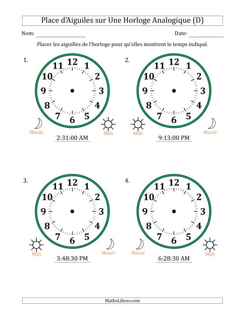Place d'Aiguiles sur Une Horloge Analogique utilisant le système horaire sur 12 heures avec 30 Secondes d'Intervalle (4 Horloges) (D)