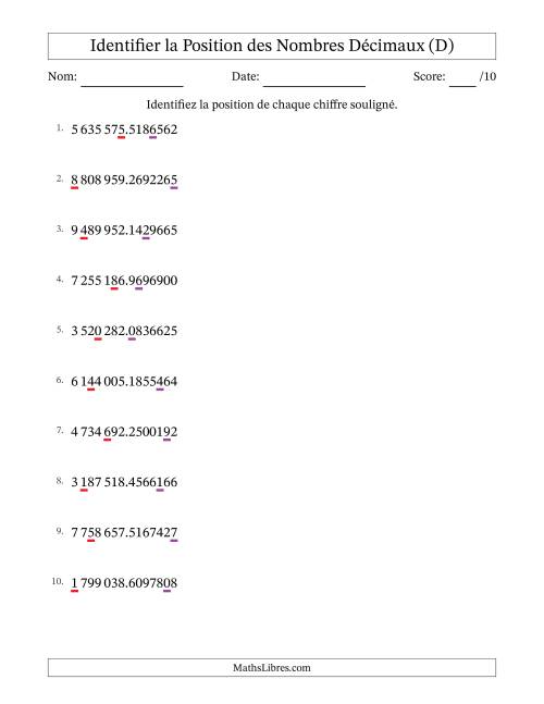 Identifier la position, des Nombres Décimaux de Dix-Millionième aux Millions, Format SI (D)