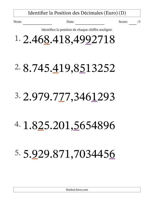 Identifier la position, des Nombres Décimaux de Dix-Millionième aux Millions (Gros Caractères), Format Euro (D)