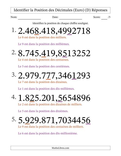 Identifier la position, des Nombres Décimaux de Dix-Millionième aux Millions (Gros Caractères), Format Euro (D) page 2