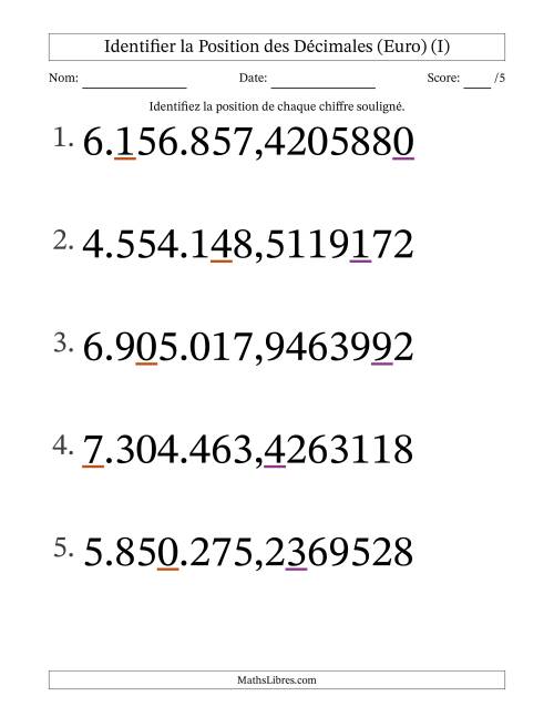 Identifier la position, des Nombres Décimaux de Dix-Millionième aux Millions (Gros Caractères), Format Euro (I)