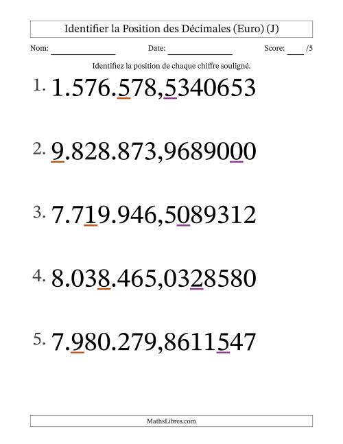Identifier la position, des Nombres Décimaux de Dix-Millionième aux Millions (Gros Caractères), Format Euro (J)