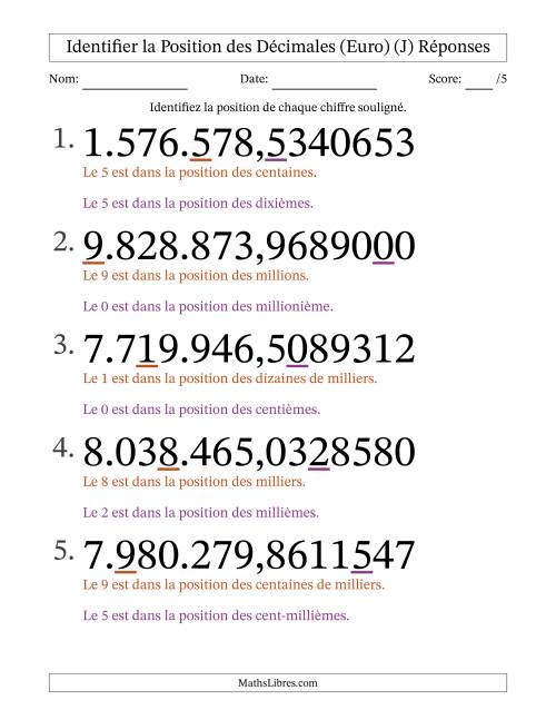 Identifier la position, des Nombres Décimaux de Dix-Millionième aux Millions (Gros Caractères), Format Euro (J) page 2
