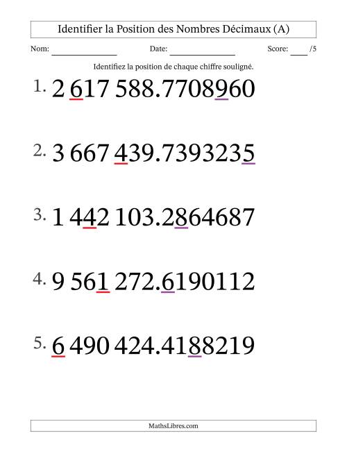 Identifier la position, des Nombres Décimaux de Dix-Millionième aux Millions (Gros Caractères), Format SI (A)