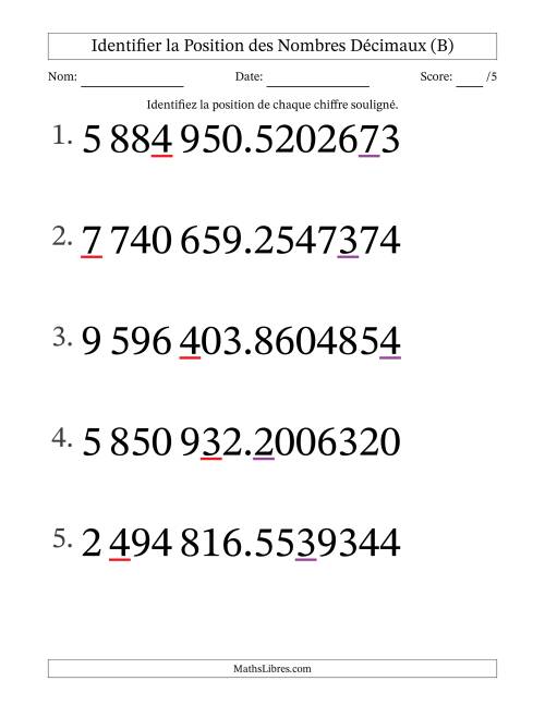 Identifier la position, des Nombres Décimaux de Dix-Millionième aux Millions (Gros Caractères), Format SI (B)