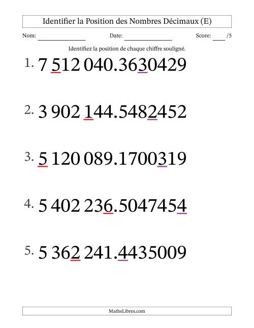 Identifier la position, des Nombres Décimaux de Dix-Millionième aux Millions (Gros Caractères), Format SI (E)