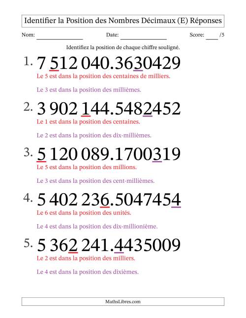 Identifier la position, des Nombres Décimaux de Dix-Millionième aux Millions (Gros Caractères), Format SI (E) page 2