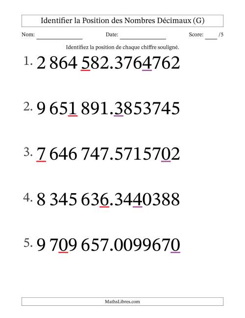 Identifier la position, des Nombres Décimaux de Dix-Millionième aux Millions (Gros Caractères), Format SI (G)